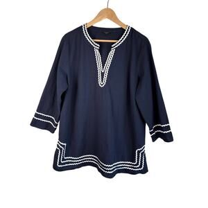 Talbots Plus Size Navy Textured Tunic Top 1X White Ric Rac Trim Coastal EUC
